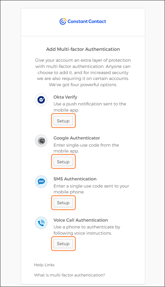 Pantalla Configuración MFA con opciones de autenticación con Okta Verify, con el Autenticador de Google, por SMS y por llamada de voz