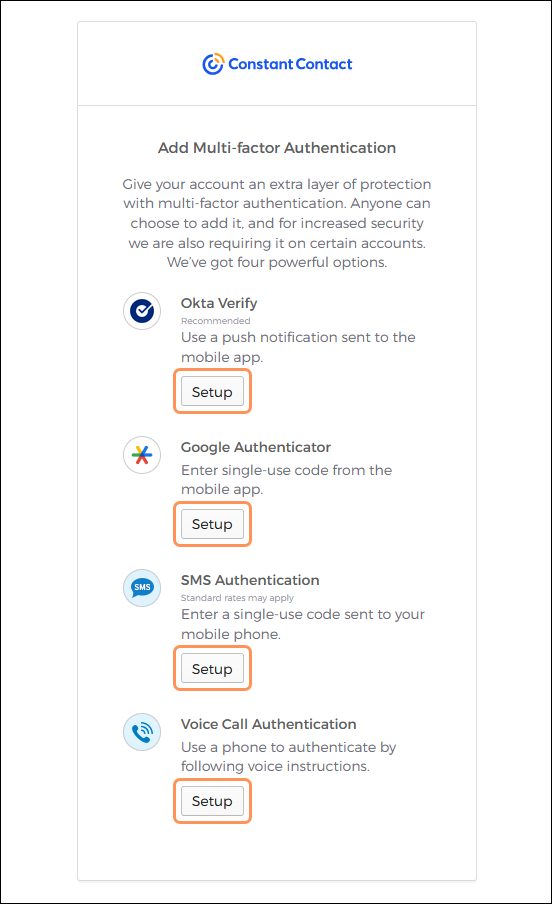 Set Up Multifactor Authentication screen with Okta Verify, Google Authenticator, SMS Authentication, and Voice Call Authentication options