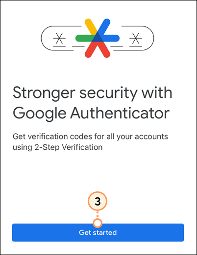 Aplicación del Autenticador de Google y botón Get started (Comenzar)