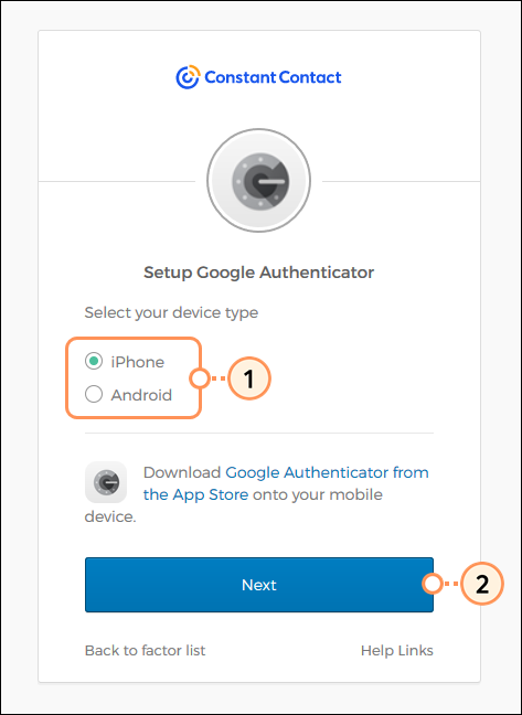 Configuración de Autenticador de Google, seleccionar tipo de dispositivo, enlace para descargar la aplicación y botón Next (Siguiente)