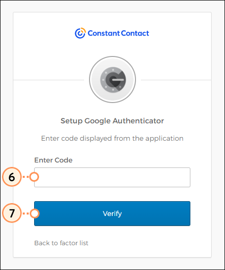 Configuración del Autenticador de Google, campo Enter Code (Ingresar código) y botón Verify (Verificar)