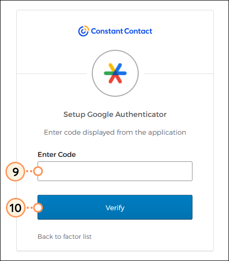 Setup Google Authenticator, Enter Code field, and Verify button