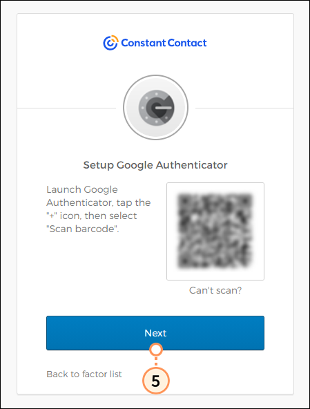 Pantalla de configuración del Autenticador de Google con código QR y botón Next (Siguiente)