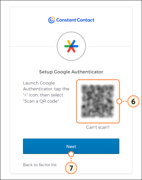 Setup Google Authenticator screen with QR code and Next button