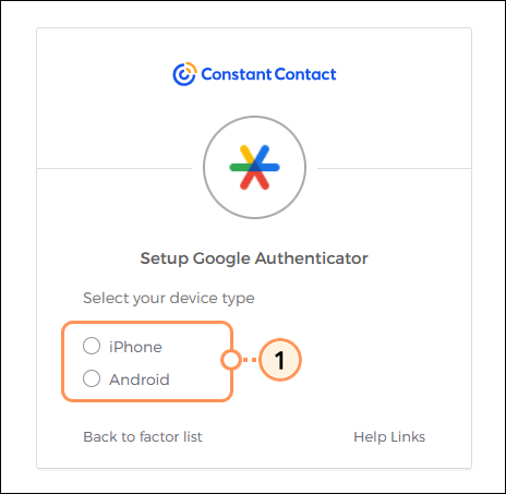 Setup Google Authenticator, select device type, download app link, and Next button