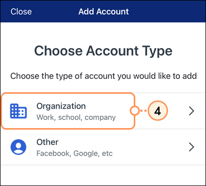 Aplicación Okta Verify, Agregar cuenta, Elegir tipo de cuenta, opción Organization (Organización) seleccionada