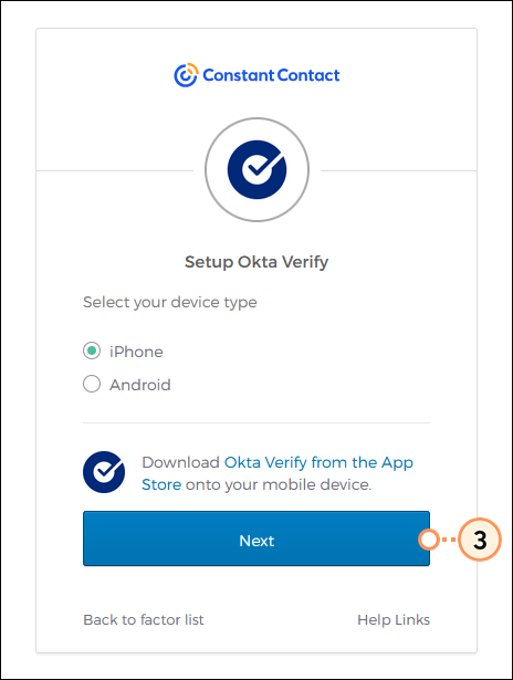 Setup Okta Verify, device type selected, download the app link, and Next button