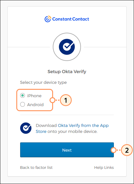 Configuración de Okta Verify, seleccionar tipo de dispositivo, enlace para descargar la aplicación y botón Next (Siguiente)