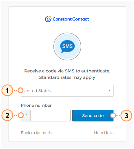 Configuración de la autenticación por SMS, campo del número telefónico y botón Send Code (Enviar código)