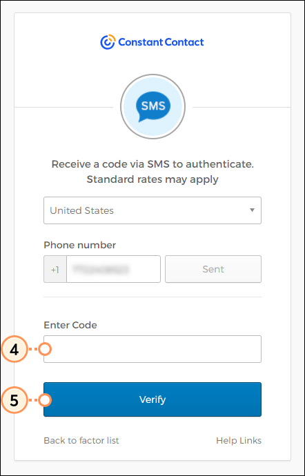 Configuración de la autenticación por SMS, campo Enter Code (Ingresar código) y botón Verify (Verificar)