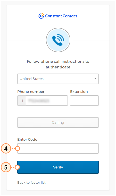 Configuración de la autenticación por llamada, campo Enter Code (Ingresar código) y botón Verify (Verificar)