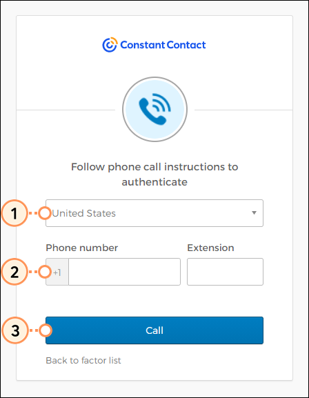 Configuración de la autenticación por llamada, campo del número telefónico y botón Call (Llamar)