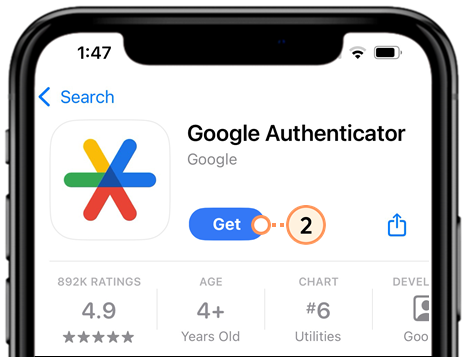 Google Authenticator app in App Store with Get button