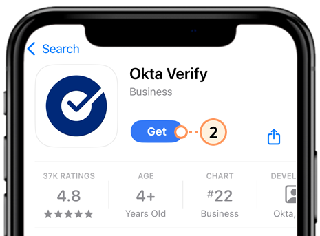 Okta Verify app in App Store on mobile device with Get button