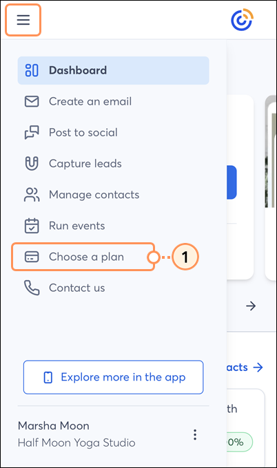 Menu drop-down with Choose a Plan option