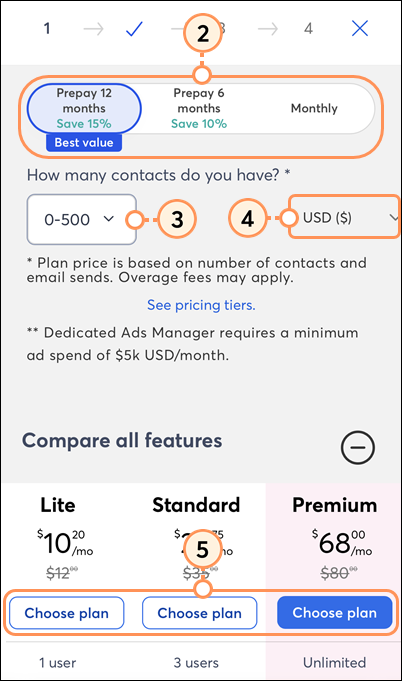 Payment plan options, contact count dropdown, currency, and plan options