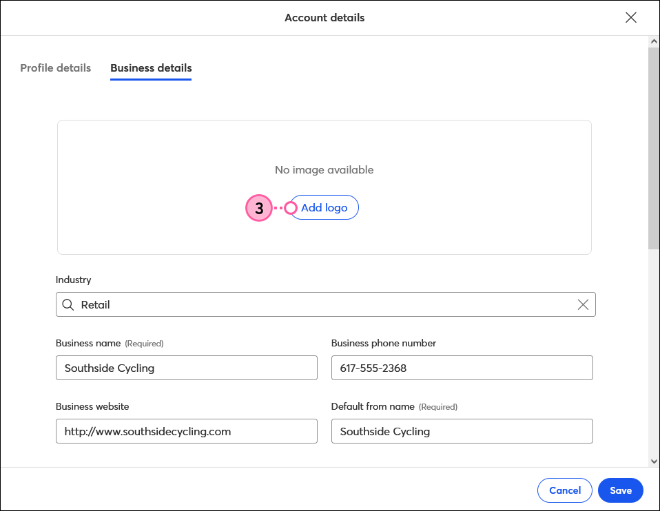Account Details pop-up, BrandKit tab, Logo section, and Add button