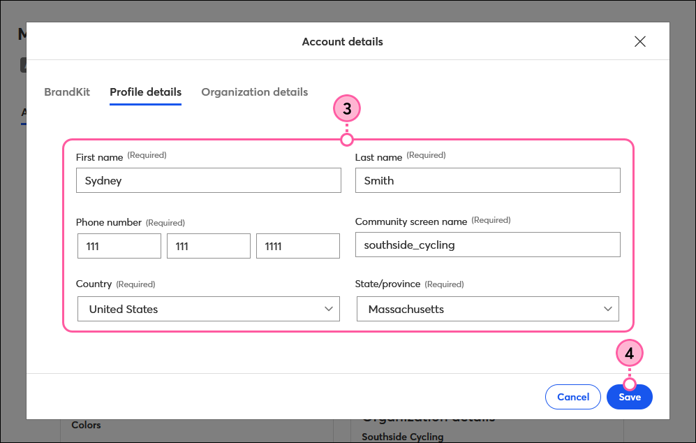 Profile detail fields and Save button