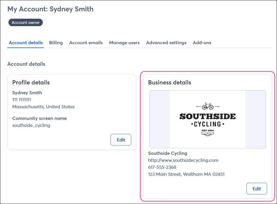 Account details tab with Business Details sections