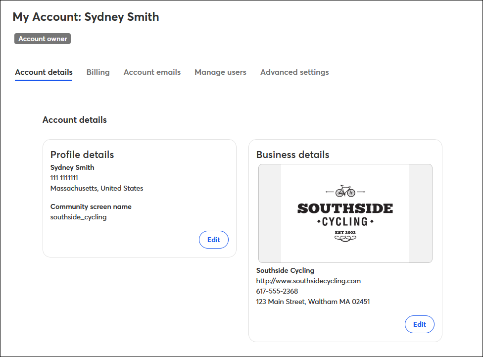 Account details tab with BrandKit, Profile, and Organization detail sections