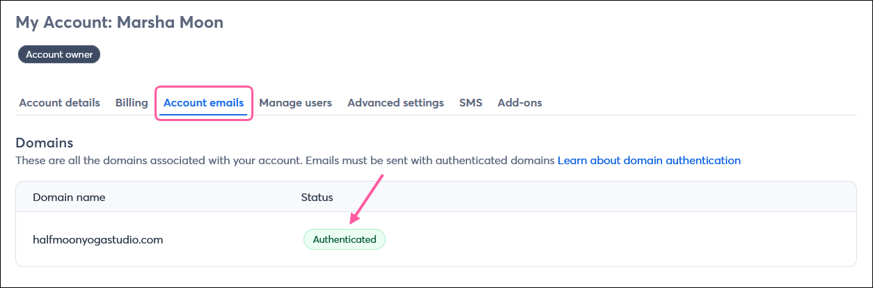My Account, Account Emails tab, Domains table, and Authenticated domain