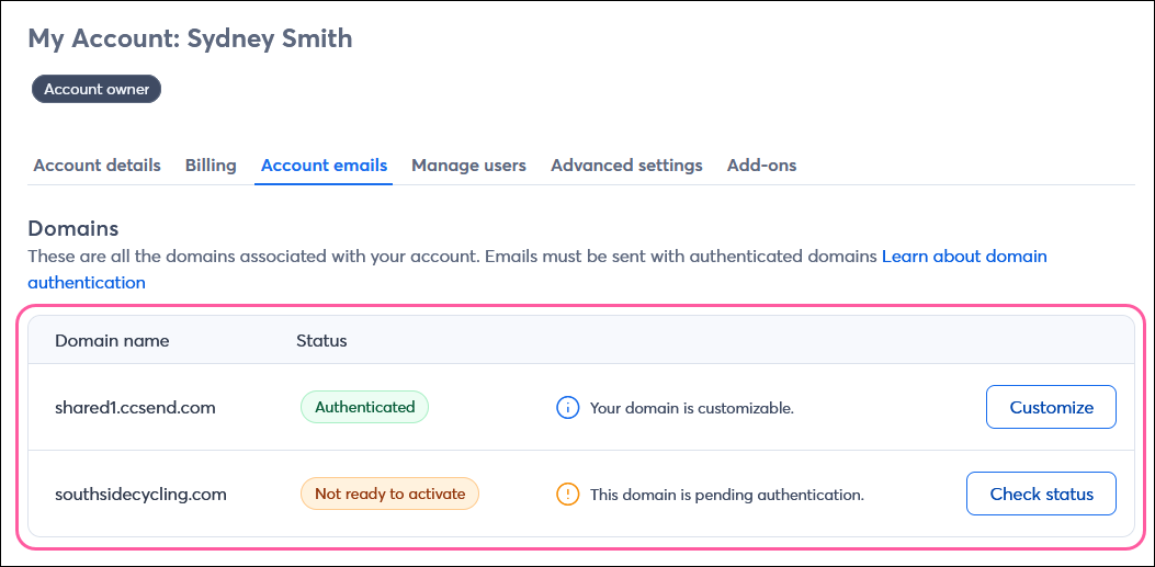 Account Emails tab with Domains table