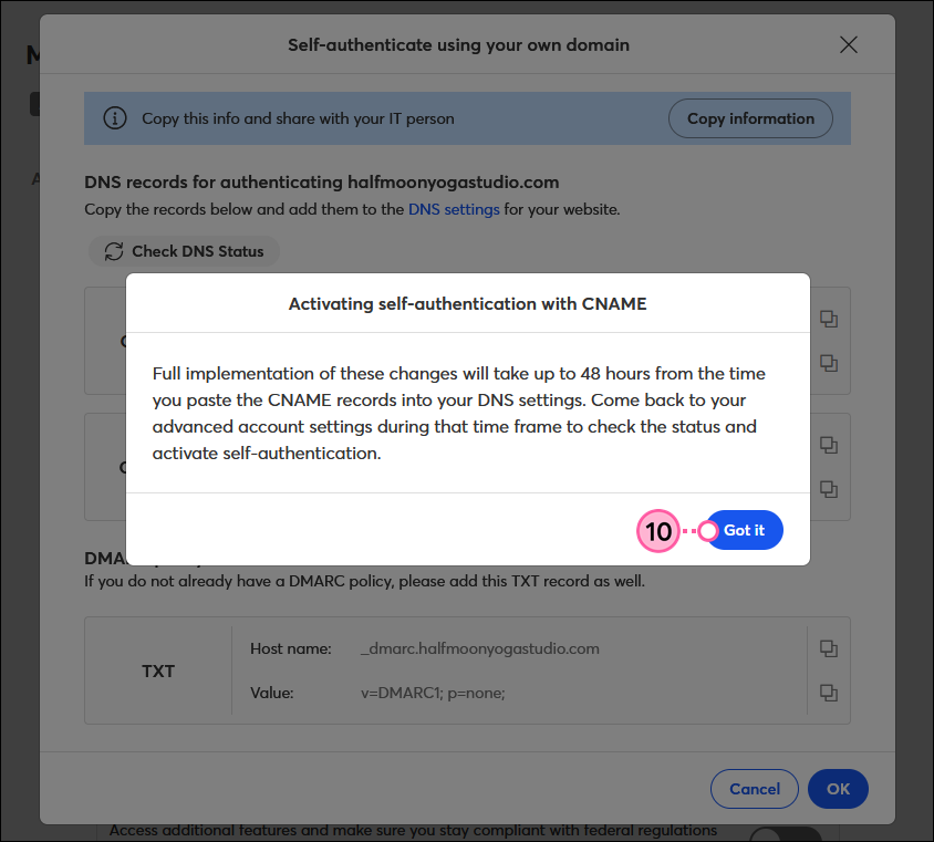 Activating Self-Authentication with CNAME confirmation and Got It button