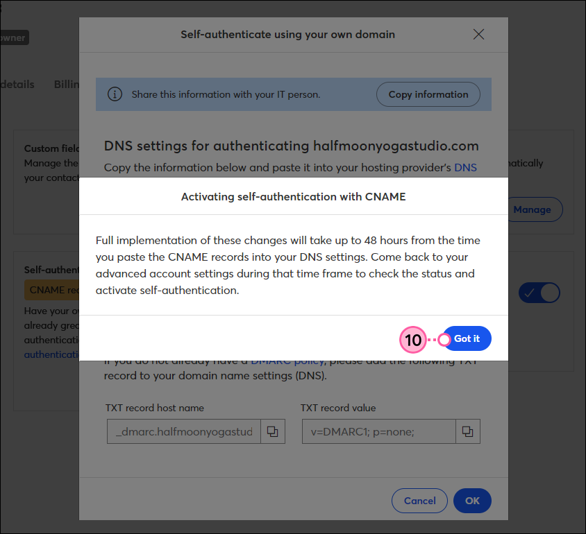 Activating Self-Authentication with CNAME confirmation and Got It button
