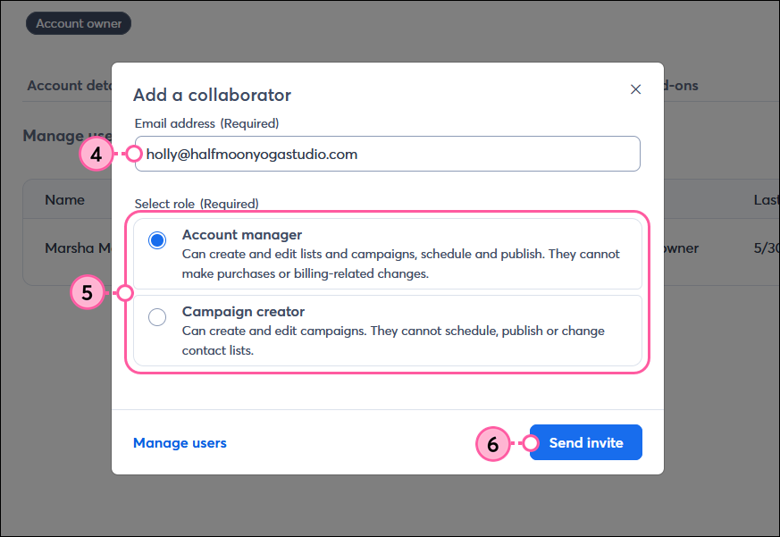 Add a Collaborator overlay with Email Address field, Select Role options, and Send Invite button