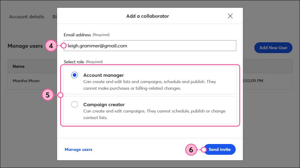 Add a Collaborator overlay with Email Address field, Select Role options, and Send Invite button