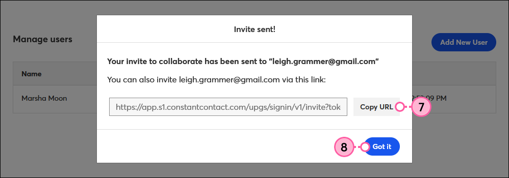 Invite Sent confirmation message with Copy URL and Got It buttons