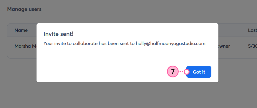 Invite Sent confirmation message with Copy URL and Got It buttons
