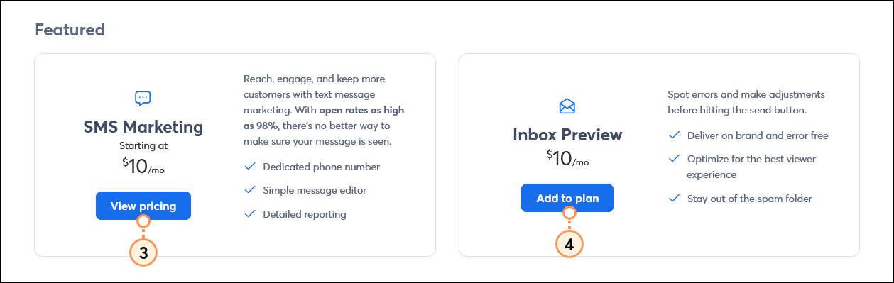 SMS Marketing and Inbox Preview add-on options