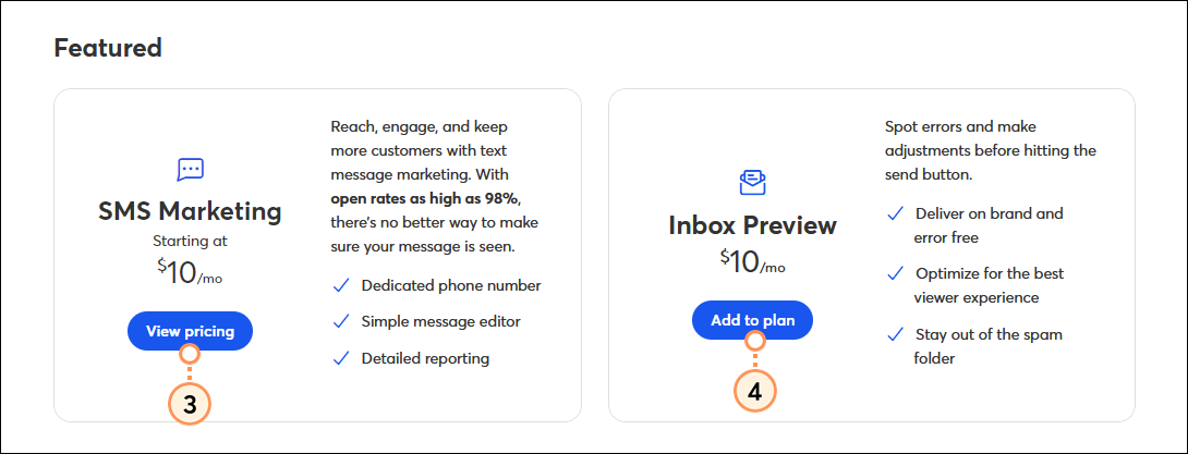 Opciones adicionales de SMS Marketing e Inbox Preview (Vista previa de la bandeja de entrada)