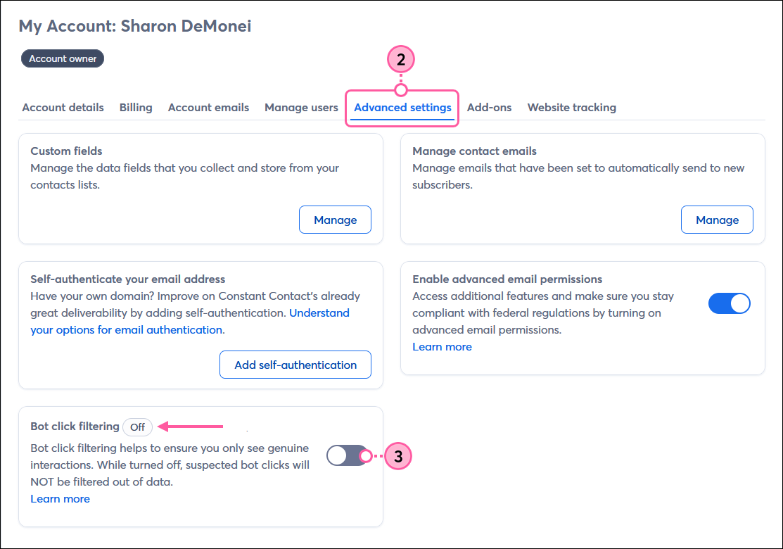 My account dashboard with Advanced settings tab selected, Bot click filtering tile with toggle switch disabled