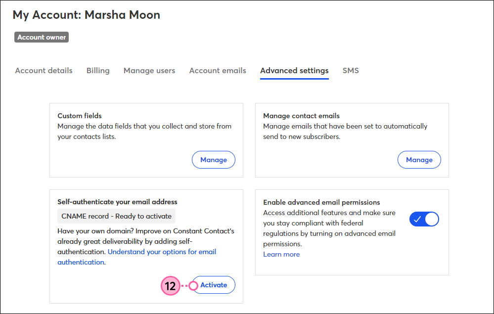 My Account, Advanced Settings tab, Self-authentication CNAME record ready to activate, and Activate button