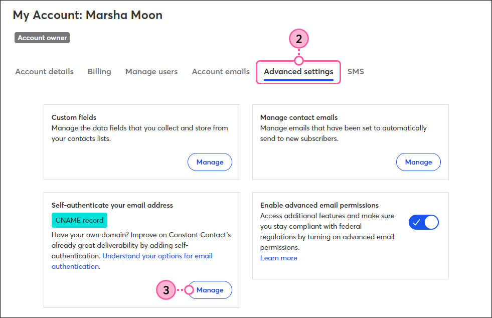 Advanced Settings tab, Email Authentication section, and Manage button