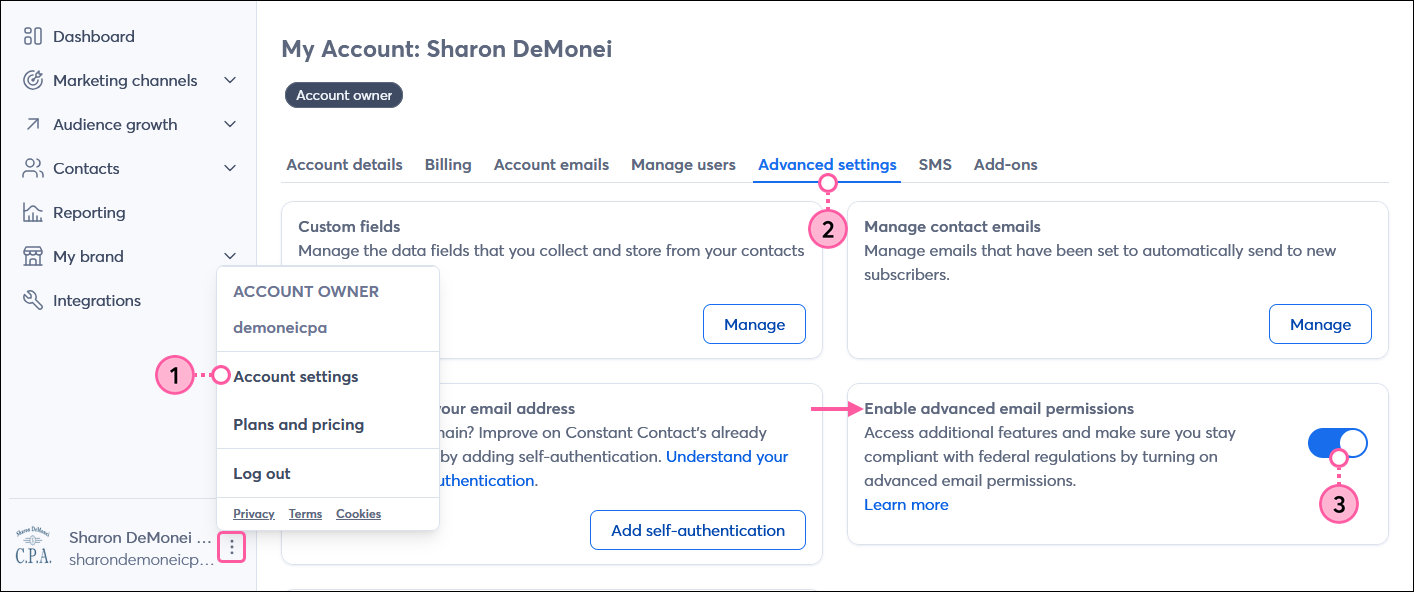 Account owner menu with Account settings option selected, My Account page with Advanced settings tab selected, and Enable advanced email permissions section with toggle enabled