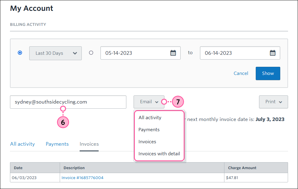 Email Address field and Email dropdown options