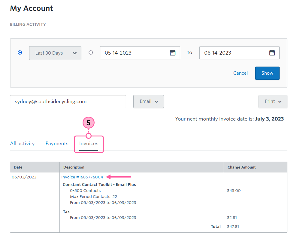 Invoices tab and invoice selected with details expanded