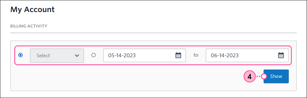Billing Activity timeframe and Show button