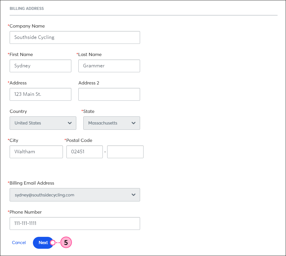 Billing Address and Next button