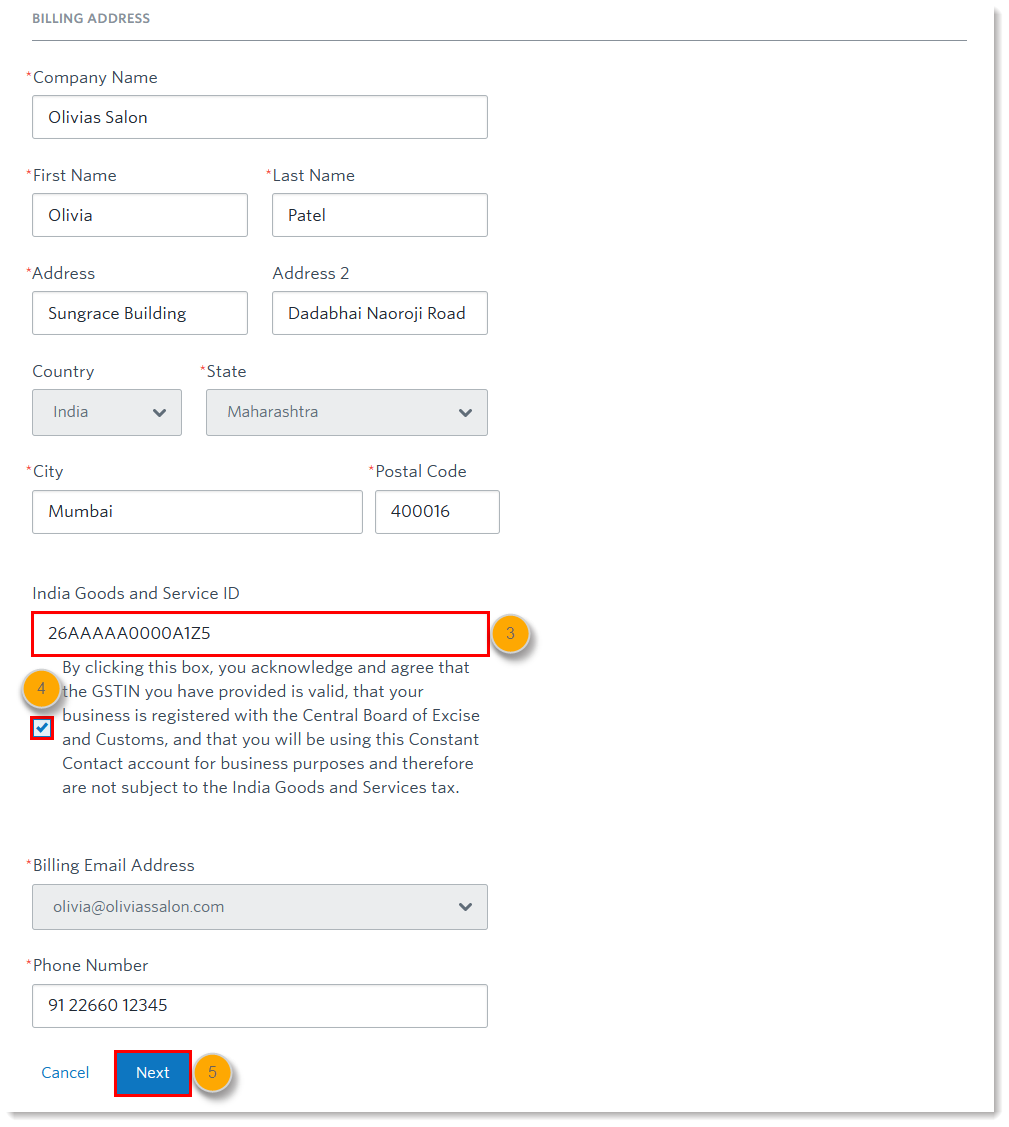 Feld India Goods and Services ID, Option Durch Anklicken dieses Feldes bestätigen Sie und stimmen zu, und Schaltfläche Weiter