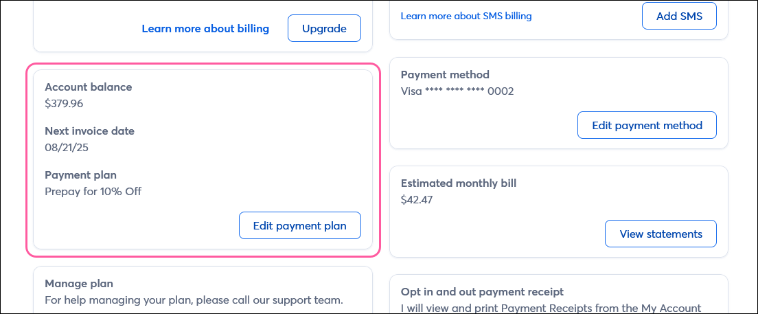 Account Balance and Payment Plan section