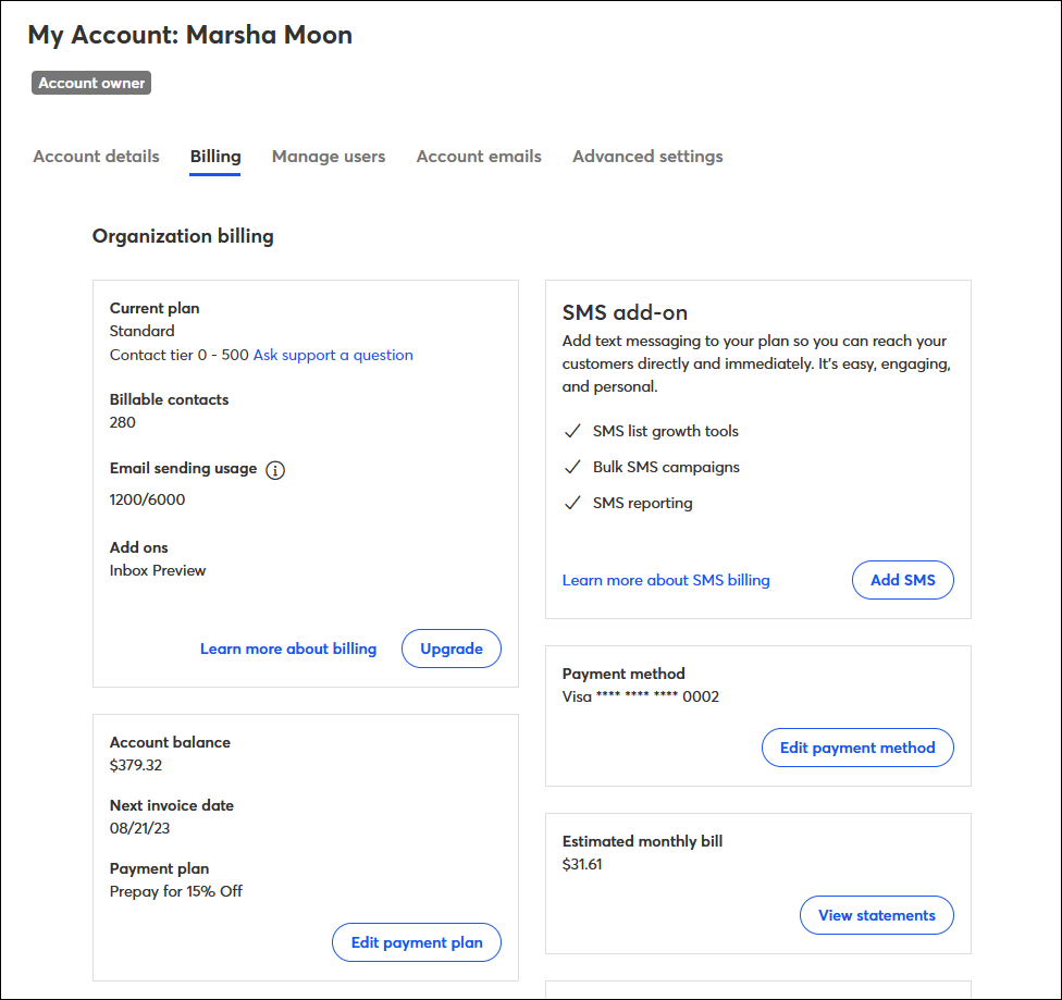 My Account Billing tab