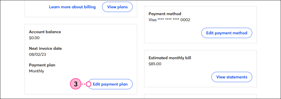 Billing tab and Edit Payment Plan button