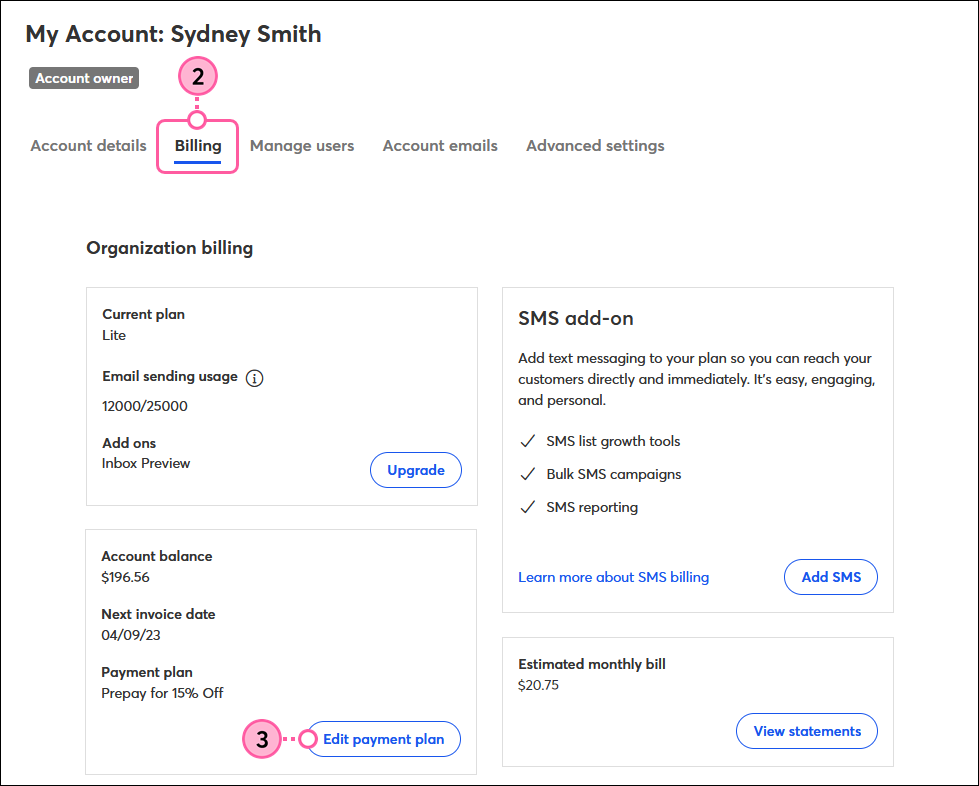 Onglet Billing (Facturation) et bouton Edit Payment Plan (Modifier le plan de paiement)