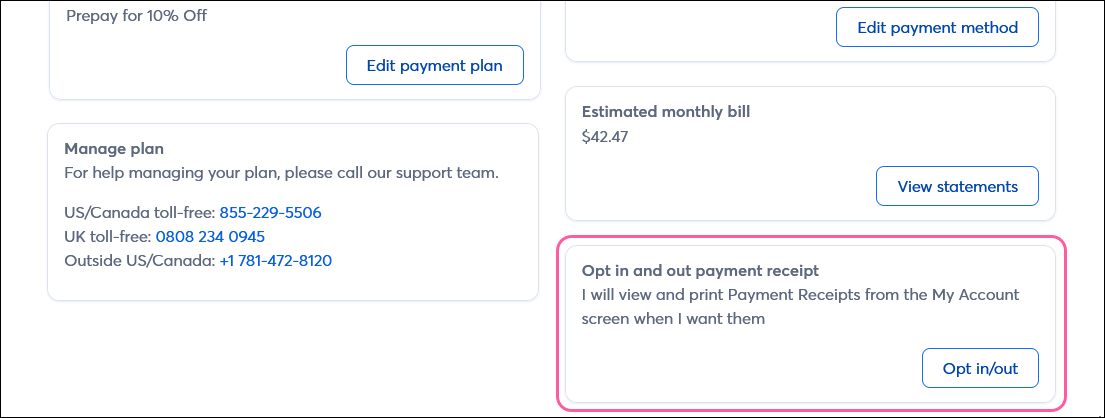 Opt in and Out Payment Receipt section