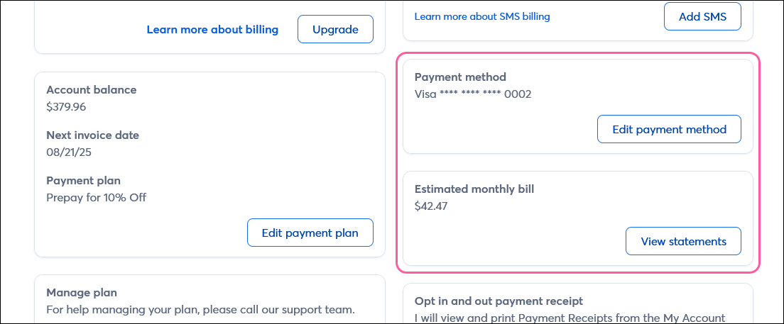 Payment Method and Estimated Monthly Bill sections