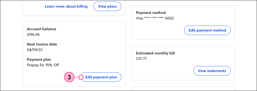 Billing tab and Edit Payment Plan button